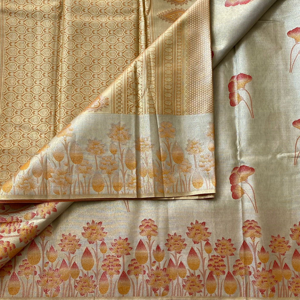 Pale Gold Banarasi Brocade Saree with Dusty Rose Floral Border