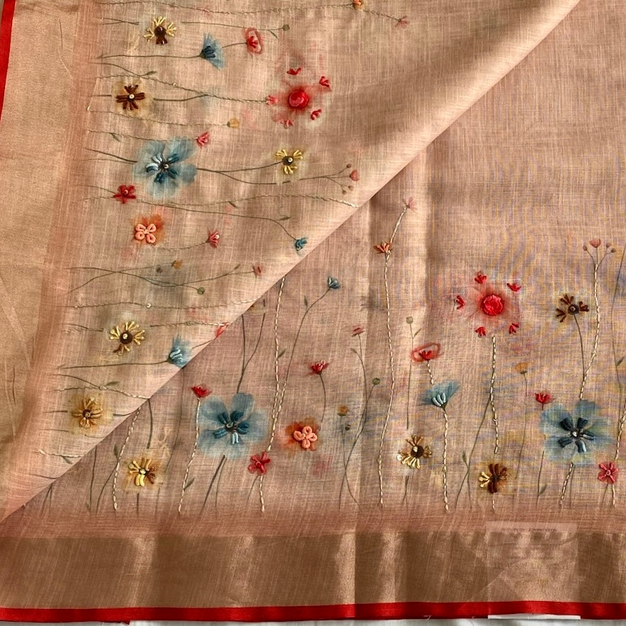 Blush Peach Soft Linen With Scarlet Red Border