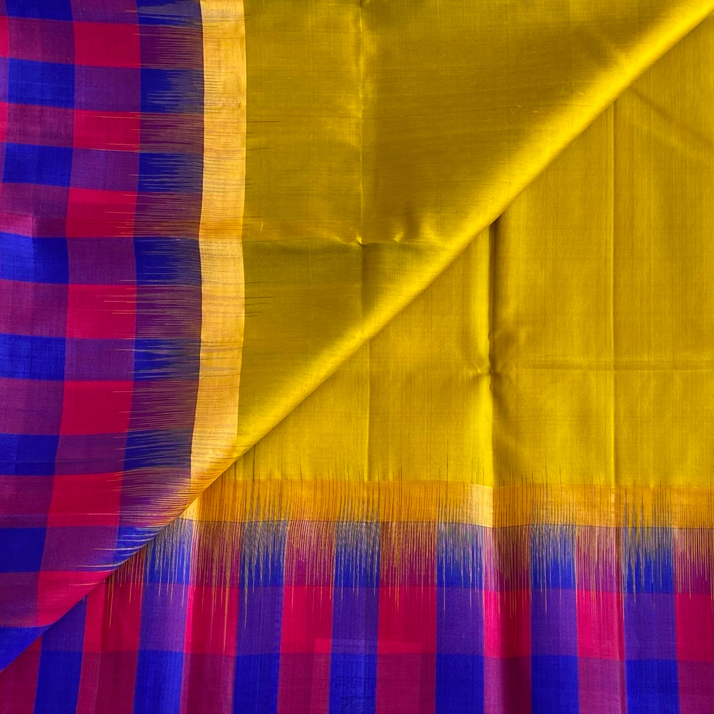 Golden Lime Pure Handwoven SilkWith Multi Checkered Borders & Pallu