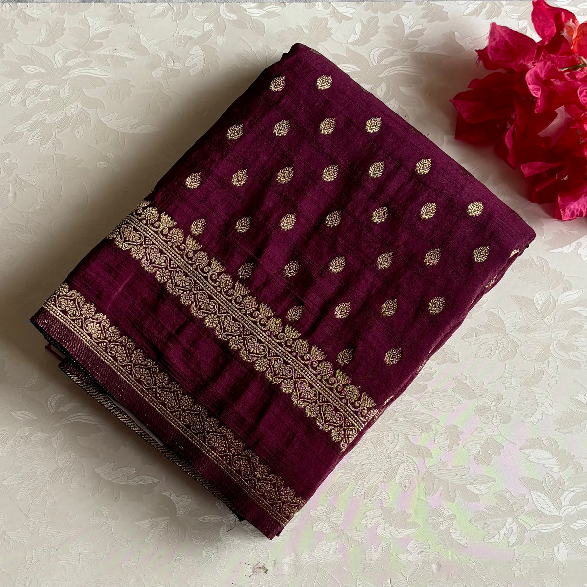 Plum Wine Soft Tussar Silk Saree With Antique Gold Brocade