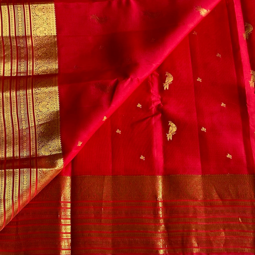 Rich Crimson Red Designer Pure Silk Saree With Antique Gold Border
