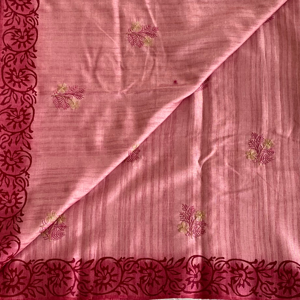 Light Pink Saree with Magenta Floral Border Paisley Gold Threadwork