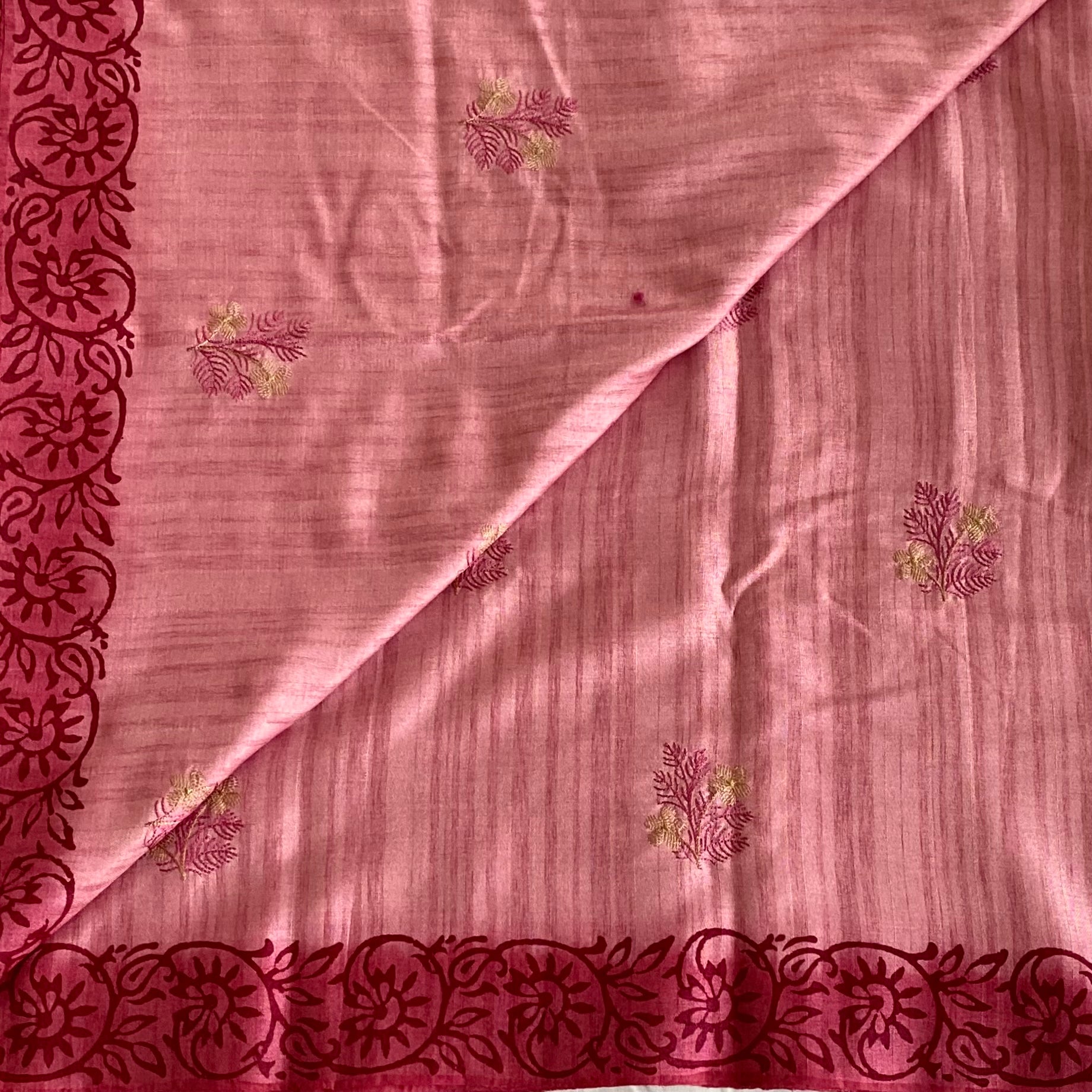 Light Pink Saree with Magenta Floral Border Paisley Gold Threadwork