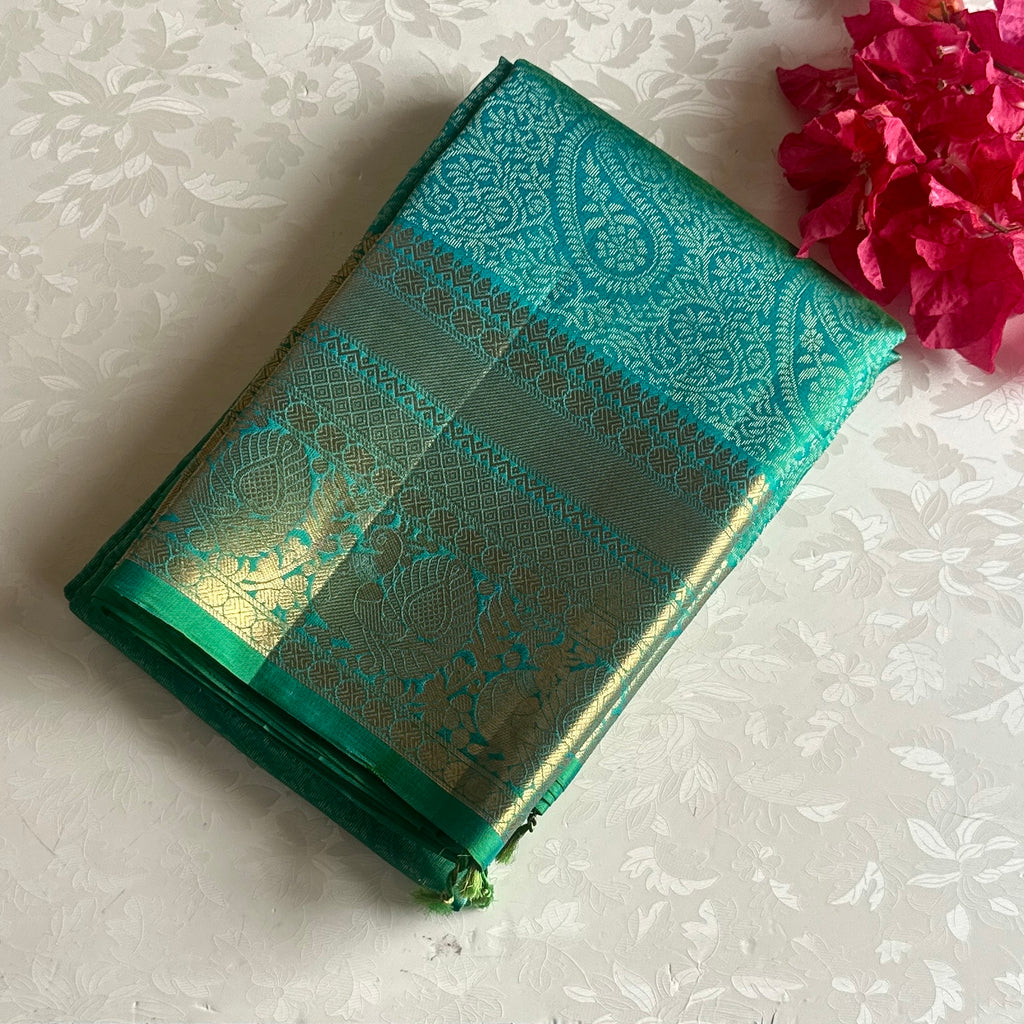 Sea Green Designer Brocade Pure Silk Saree With Metallic Gold Border
