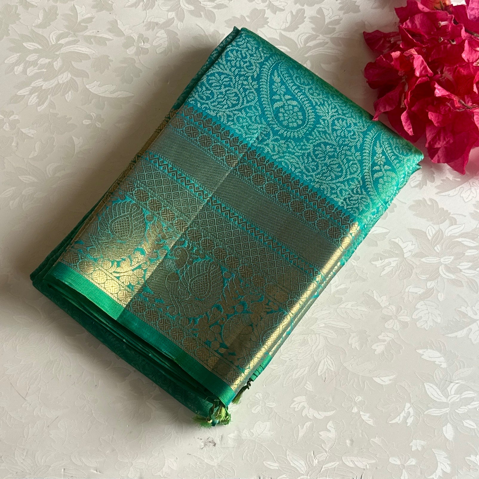 Sea Green Designer Brocade Pure Silk Saree With Metallic Gold Border