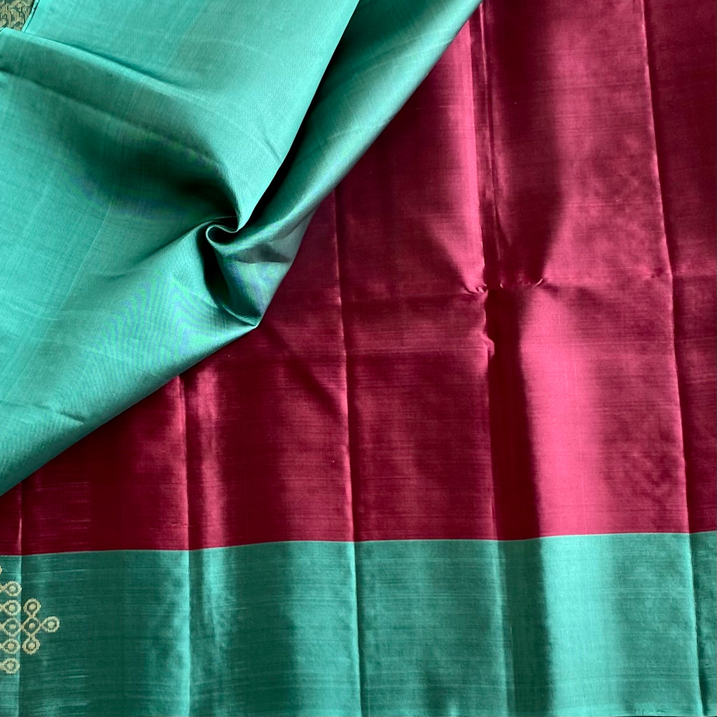 Wine Maroon Kollam Designer Pure Silk Saree With Teal Zari Pallu