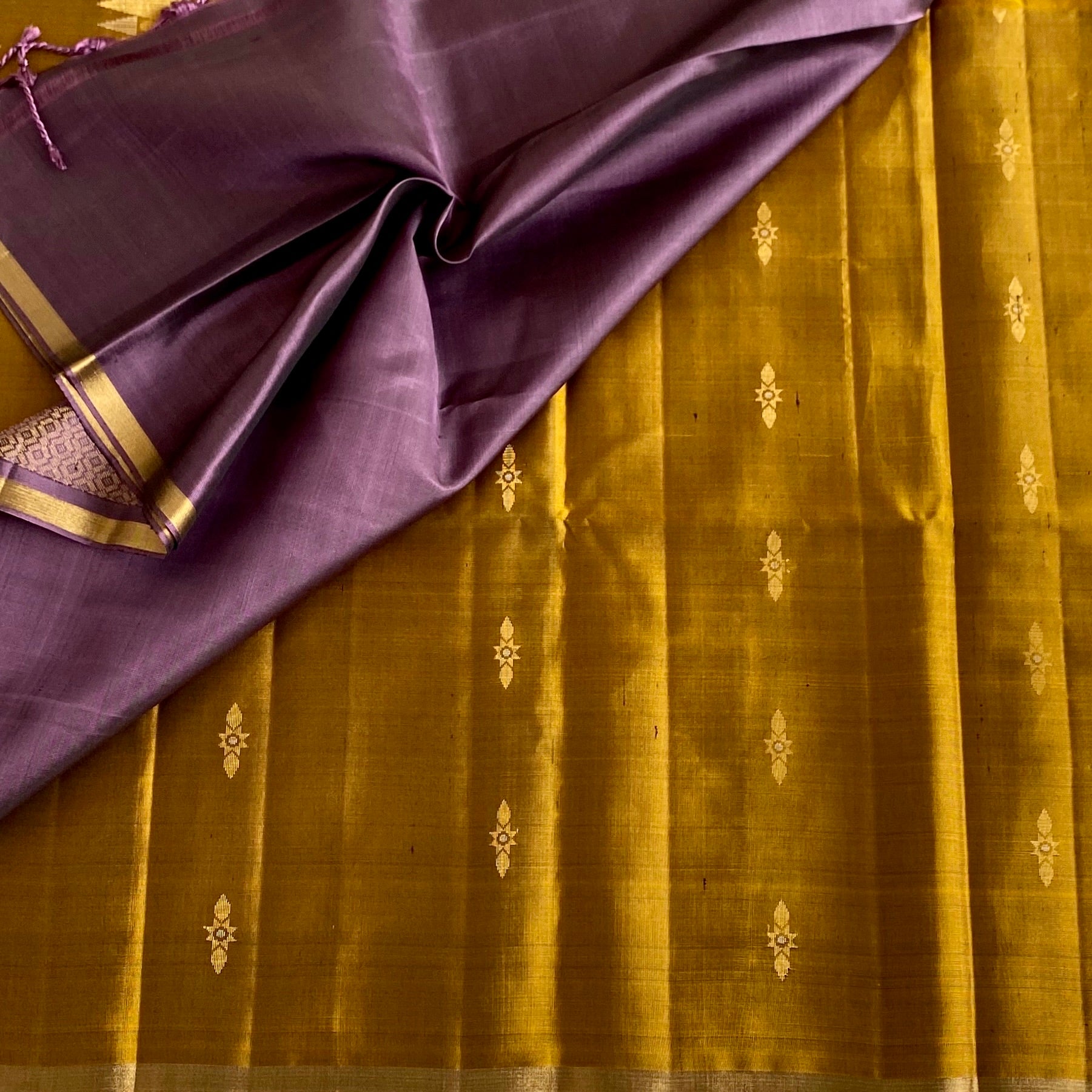 Mustard Gold Designer Pure Silk Saree With Plum Purple Pallu