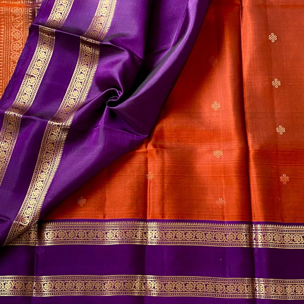 Purple Rust Orange Silk Saree Gold Zari Floral Pallu Border