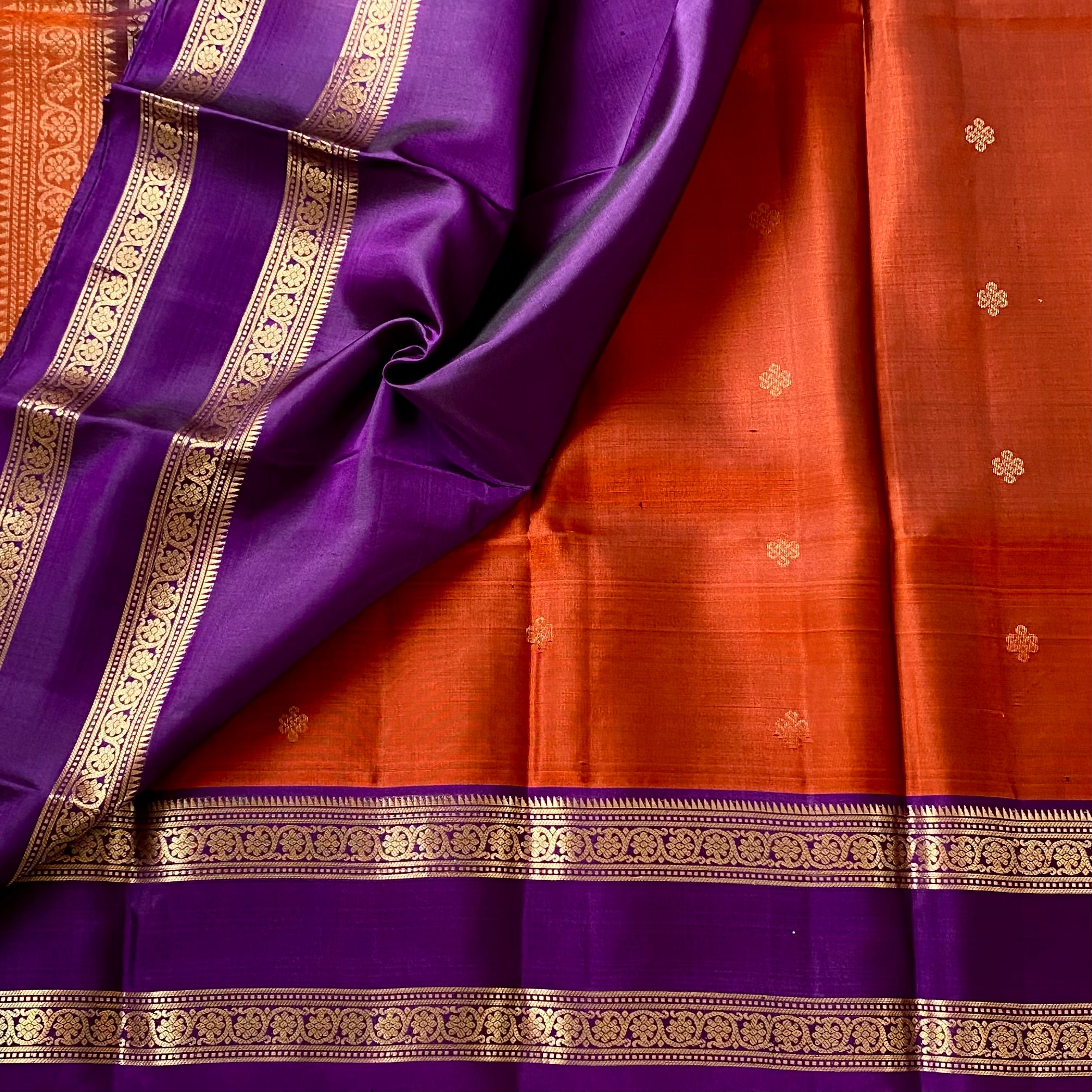 Purple Rust Orange Silk Saree Gold Zari Floral Pallu Border