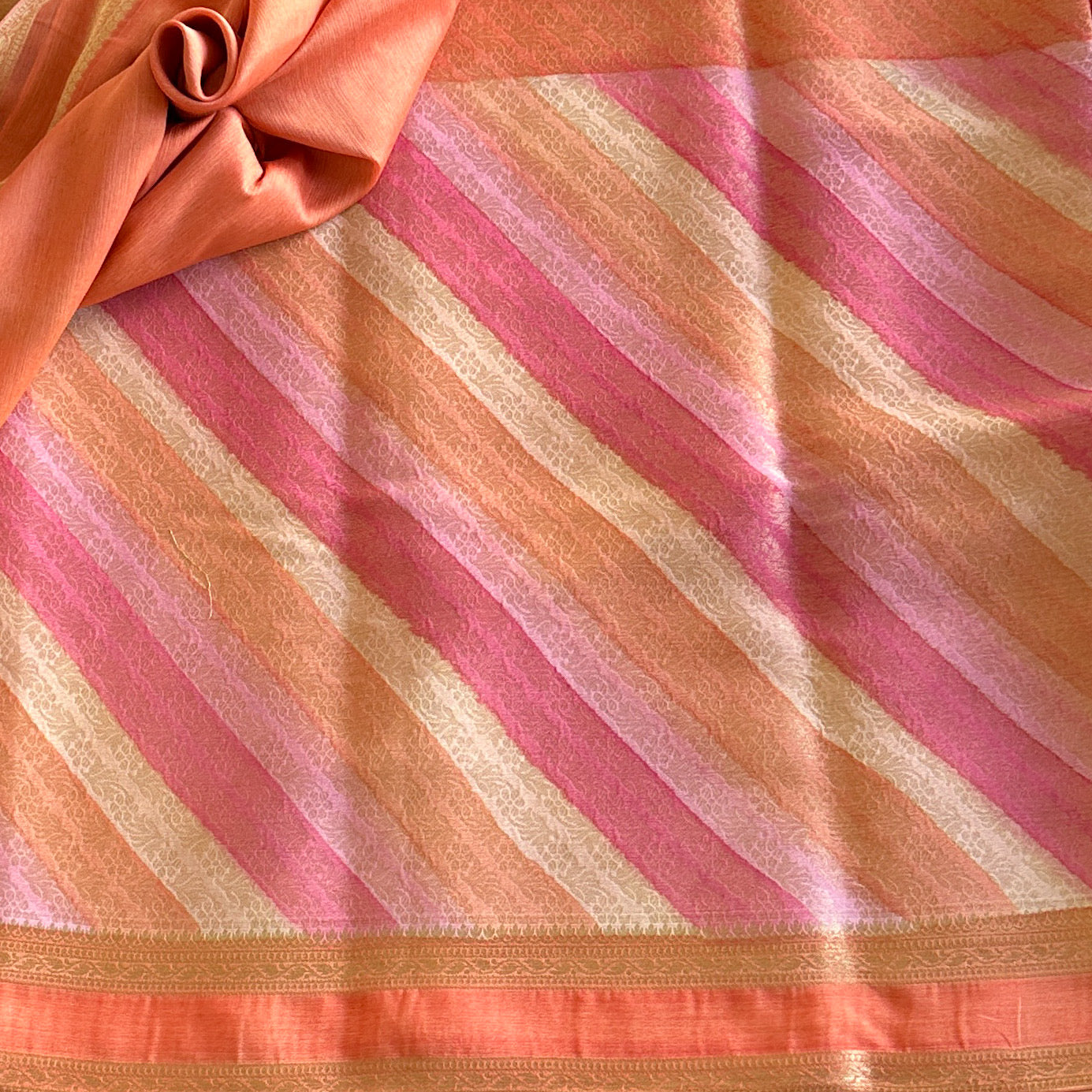 Coral Orange Silk Saree Rose Pink Stripes Gold Brocade Pallu