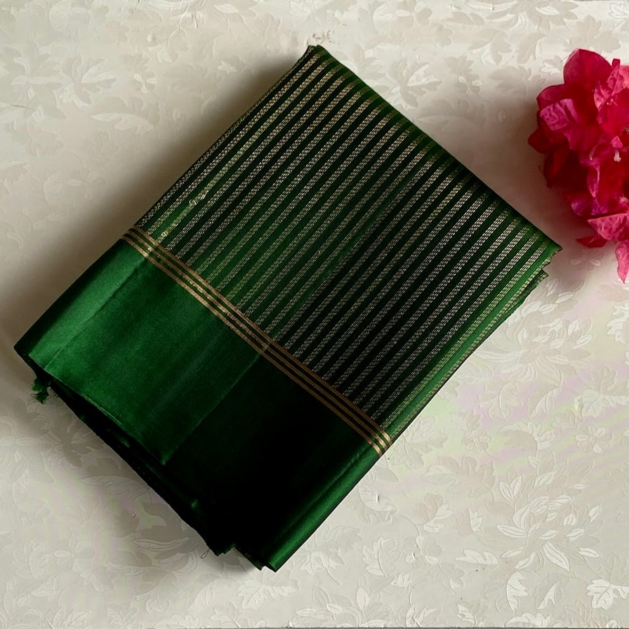 Emerald Green Designer Pure Silk Saree With Gold Zari Stripes