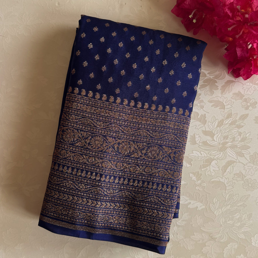Royal Blue Zari Woven Banarasi Crepe Silk with Antique Zari buttas