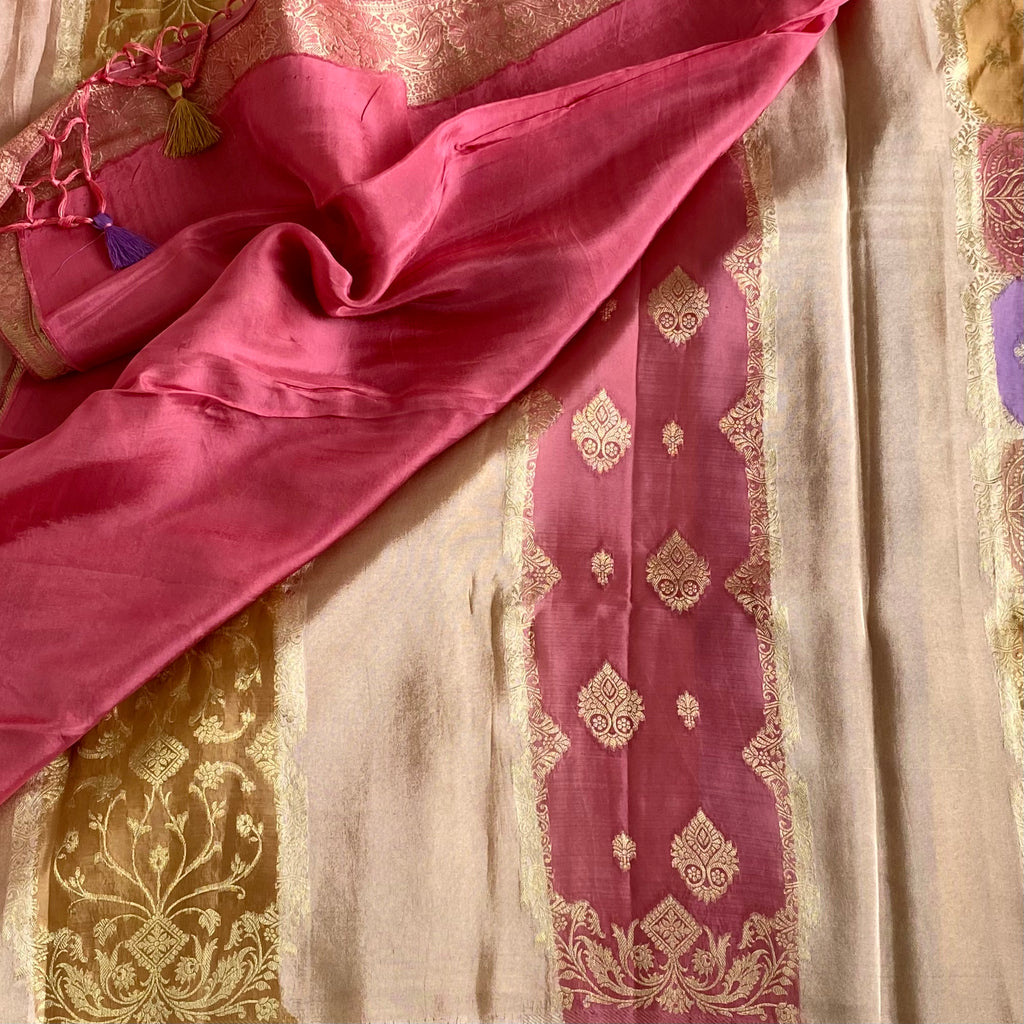 Blush Beige Multishade Soft crepe Silk Saree With Rose Pink Pallu