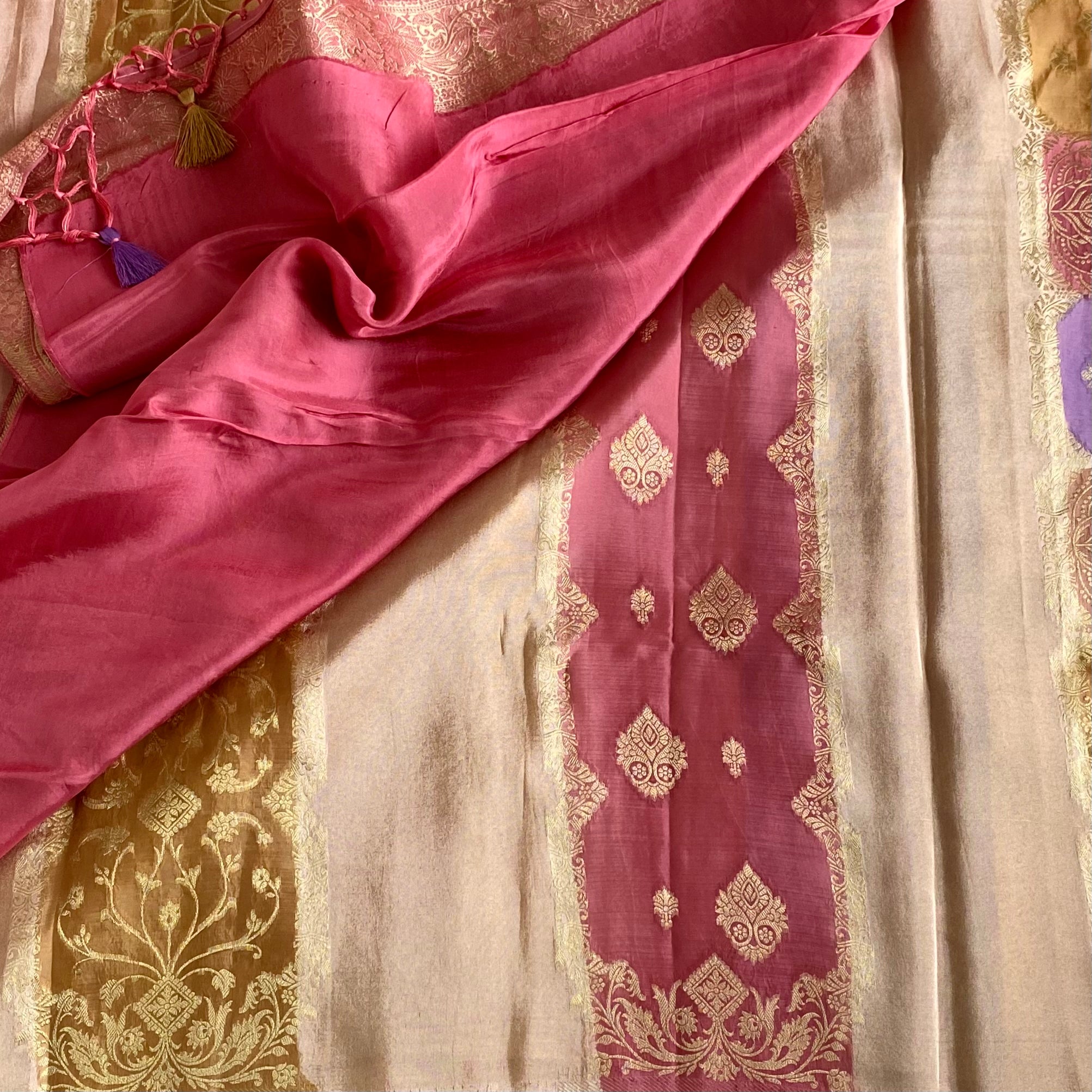 Blush Beige Multishade Soft crepe Silk Saree With Rose Pink Pallu
