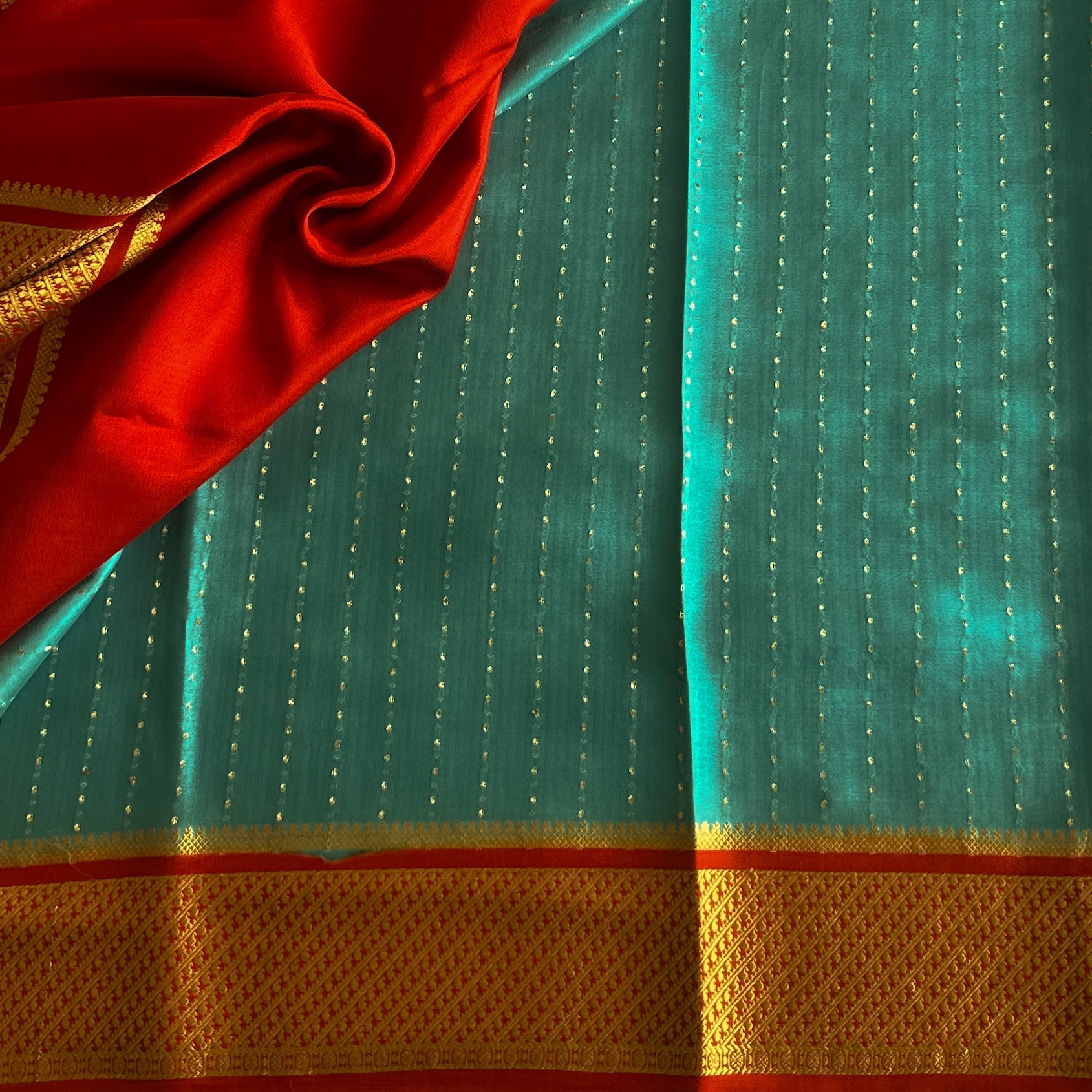 Turquoise Silk Saree Gold Dotted Stripes Vermilion Brocade Border Traditional