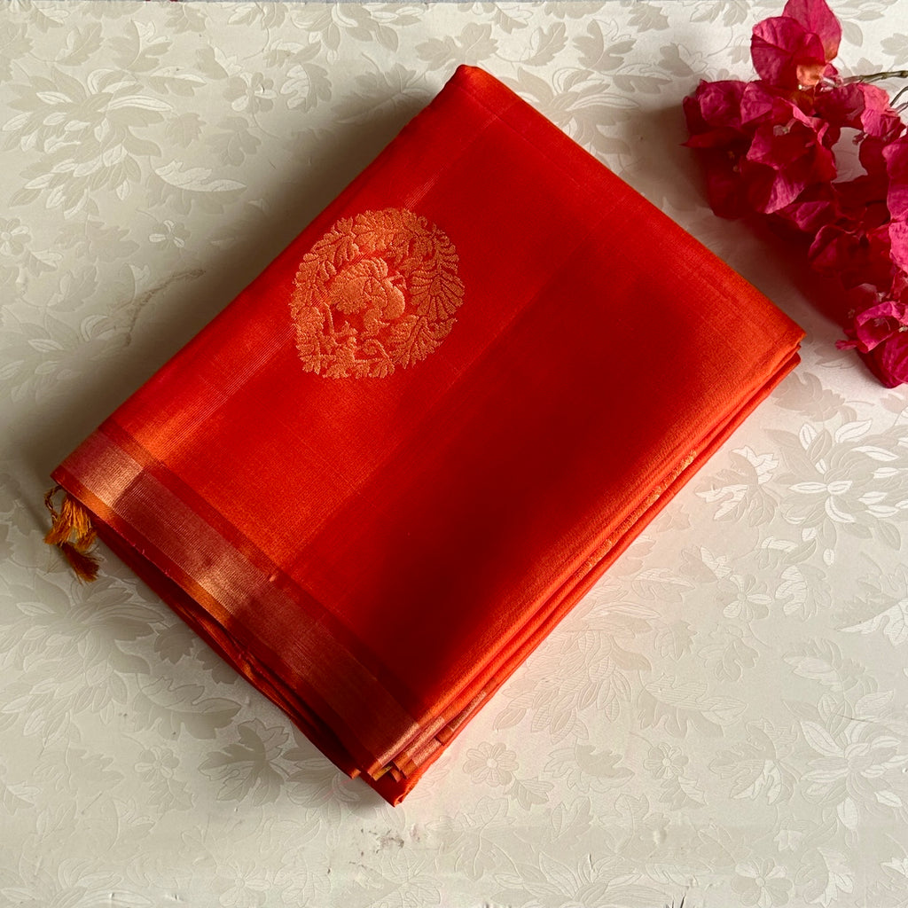 Tomato Red Designer Pure Silk Saree With Mustard Gold Pallu