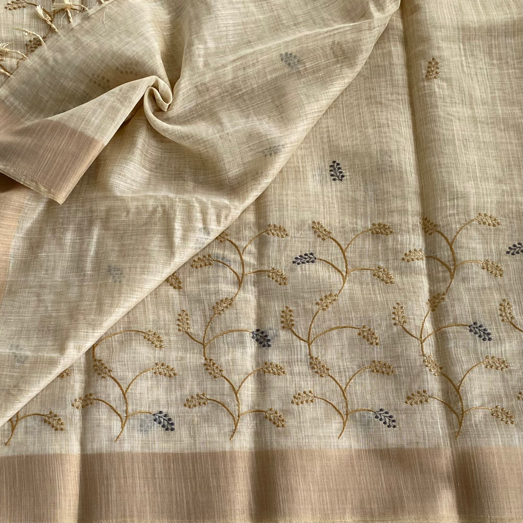 Ivory Beige Handwoven Vine Embroidered Saree with Beige Border