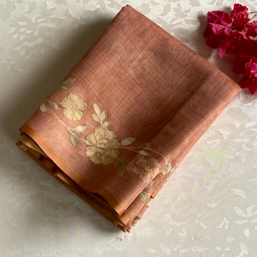 Terracotta Peach Designer  Linen Tussar Saree With Gold Floral Embroidery And Tassels