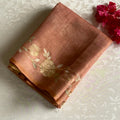 Terracotta Peach Designer  Linen Tussar Saree With Gold Floral Embroidery And Tassels