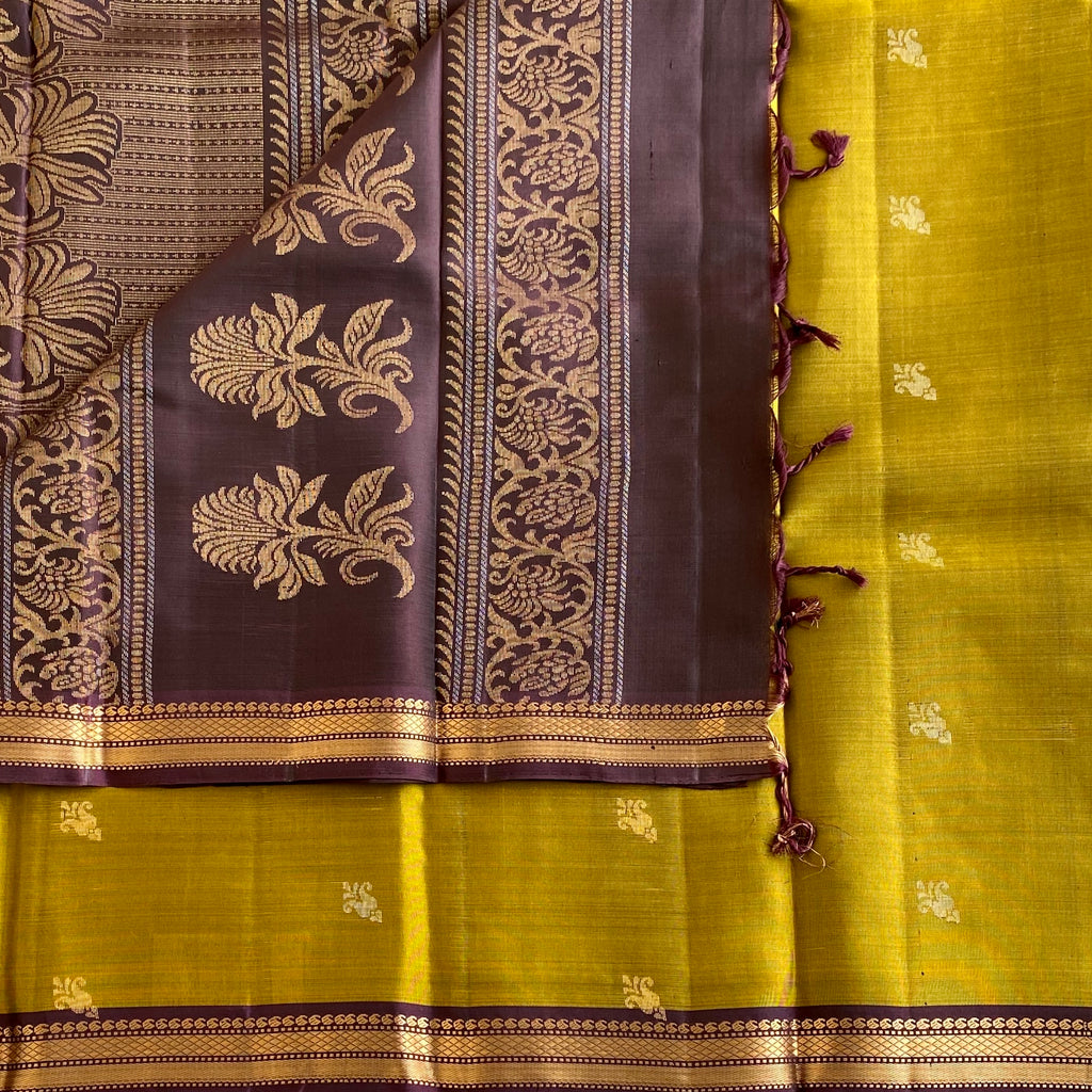 Mustard Yellow Designer Pure Silk Saree With Wine Purple Pallu