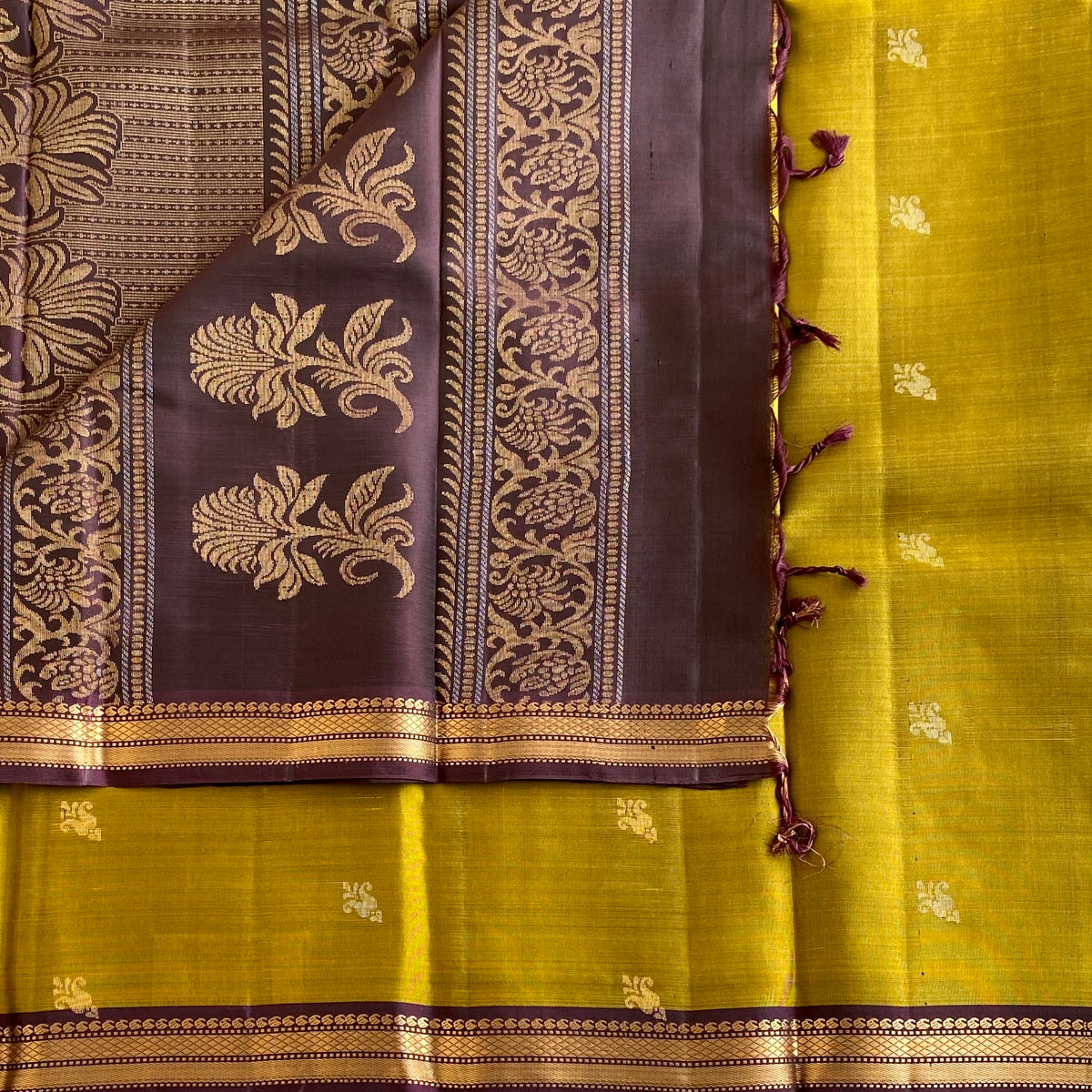 Mustard Yellow Designer Pure Silk Saree With Wine Purple Pallu