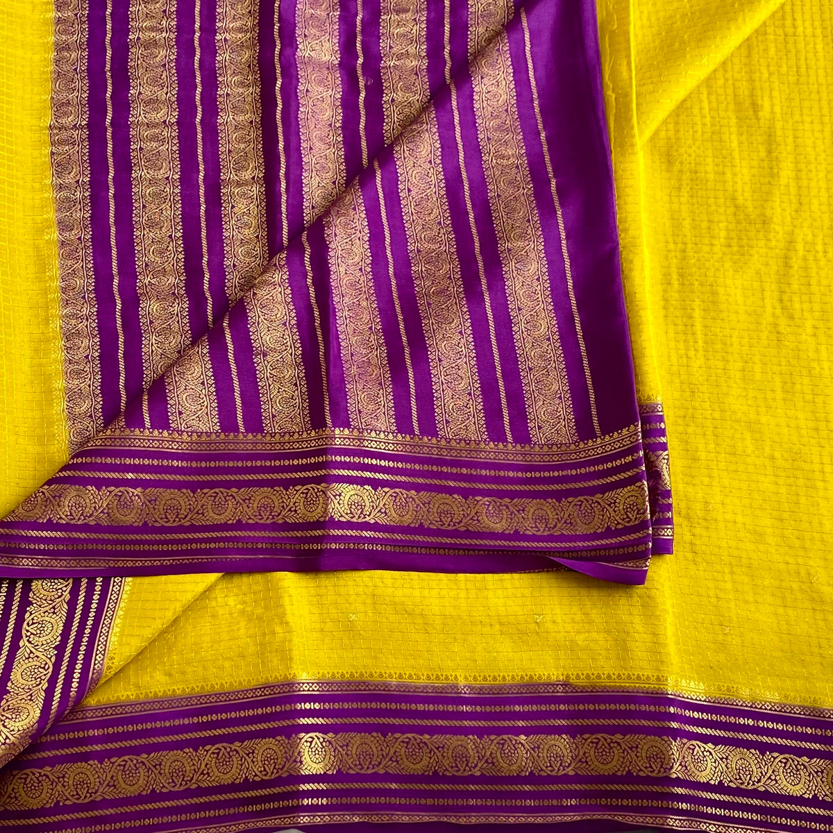 Sunflower Yellow Checketed Mysore Crepe Silk Saree With Royal Purple Pallu