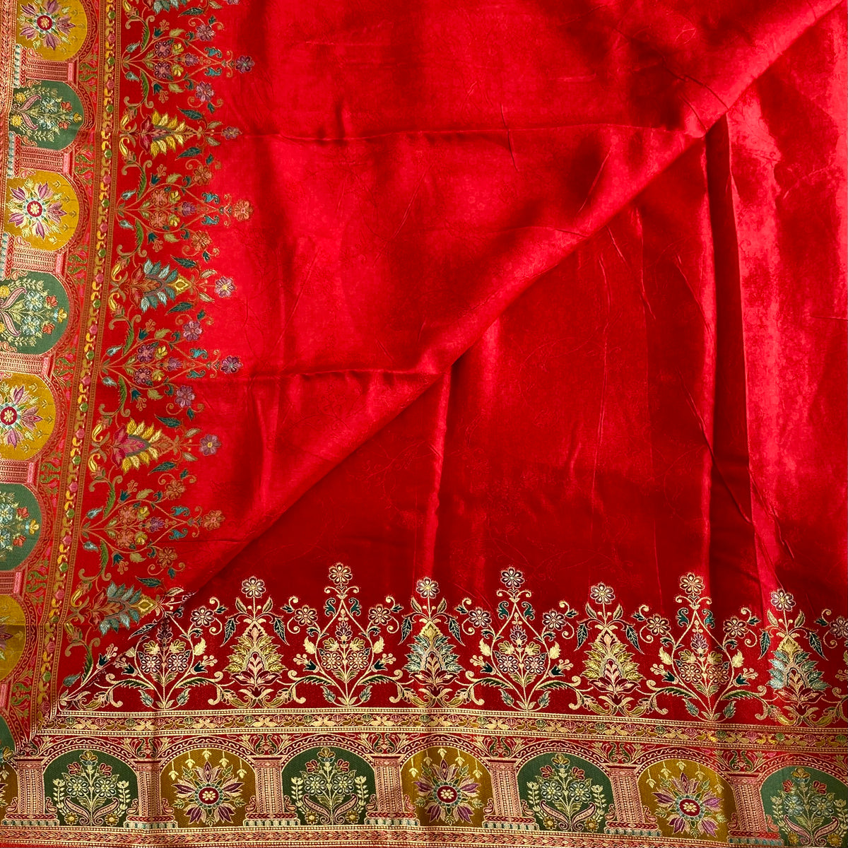 Crimson Red Meenakari Soft Tussar Silk Saree With Olive Green Motifs