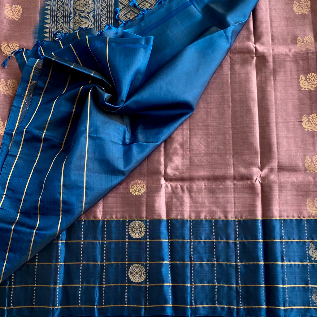 Metallic Dusty Rose Designer Pure Silk Saree With Rich Checkered Blue