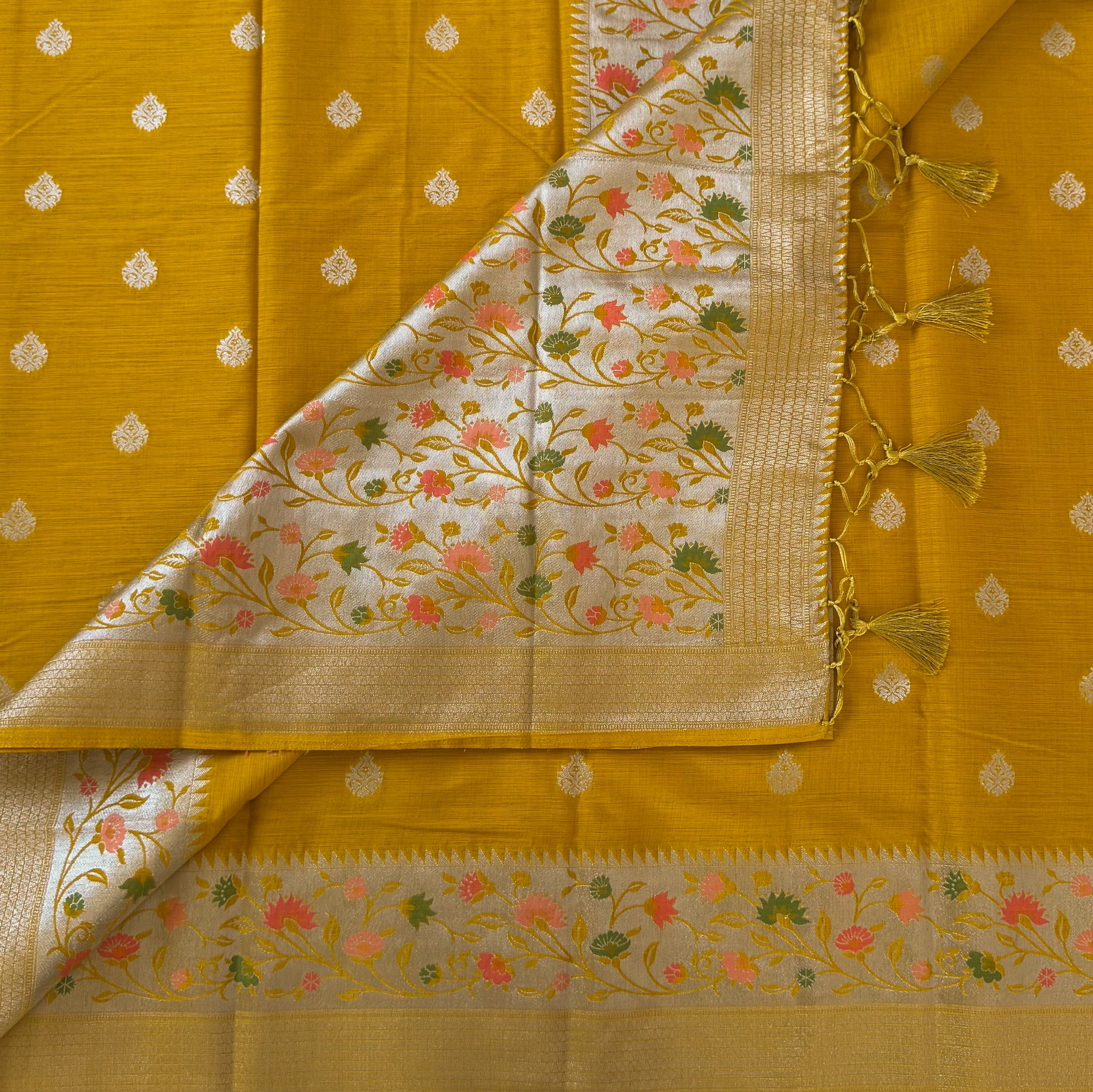 Mustard Gold Floral Woven Saree with Pallu and Tassels Traditional
