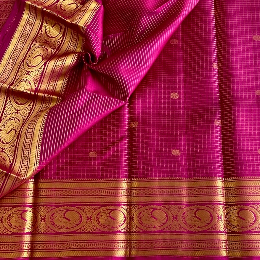 Fuchsia Gold Brocade Silk Saree With Medallion Border And Pallu
