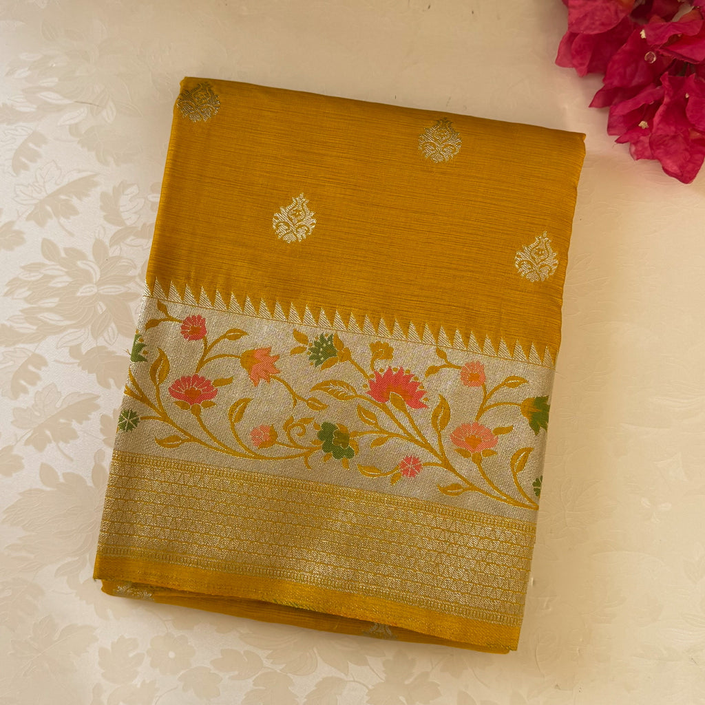 Mustard Gold Floral Woven Saree with Pallu and Tassels Traditional