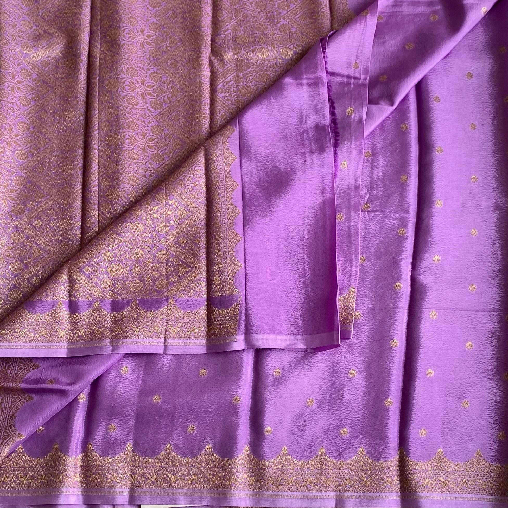 Lavender Purple Banarasi Crepe Silk Saree With Antique Gold Brocade