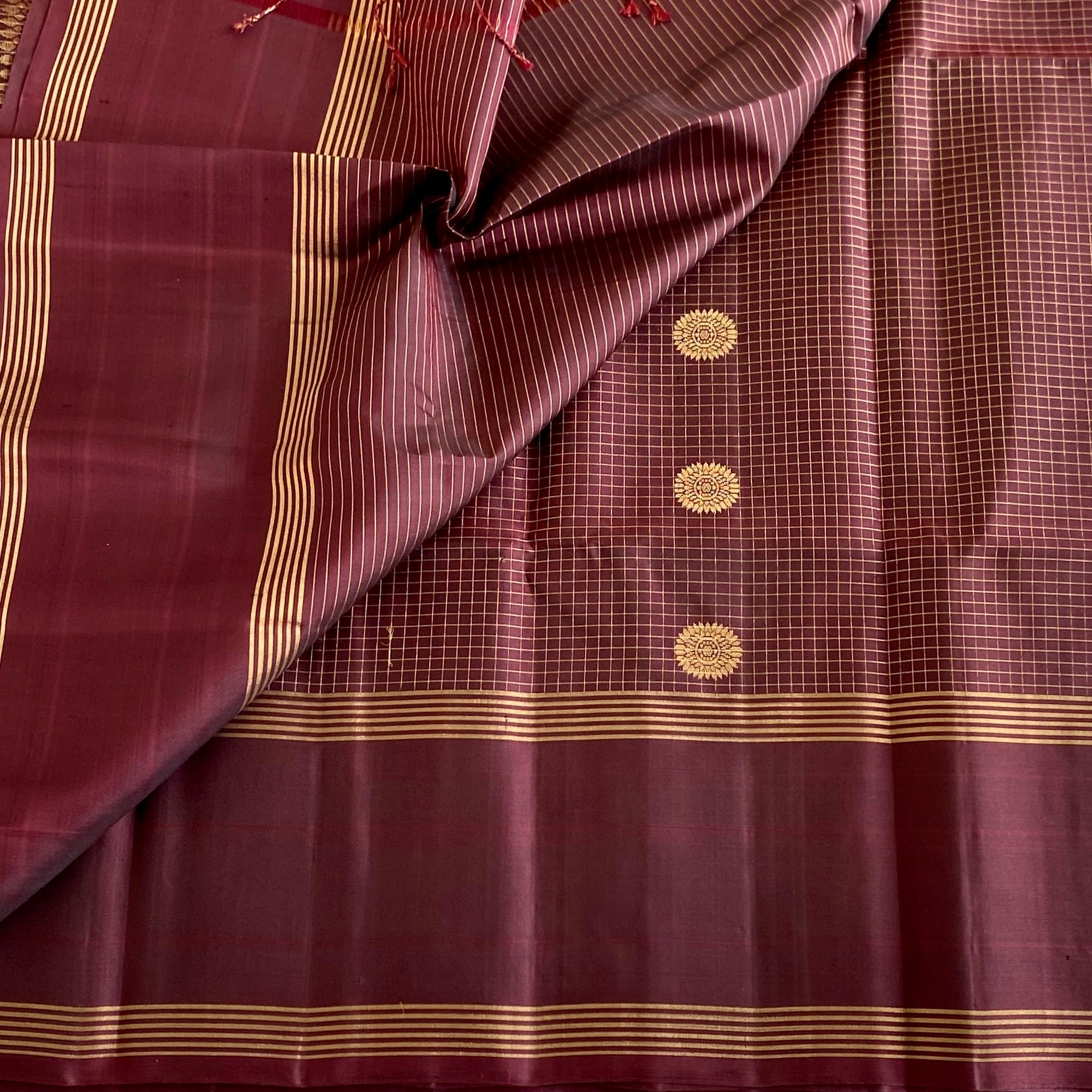 Espresso Wine Brown Designer Pure Silk Saree With Micro Checkered Weave