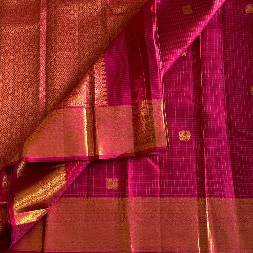 Pomogrante Pink Checkered gold  Pure Zari Kanjeevaram Silko