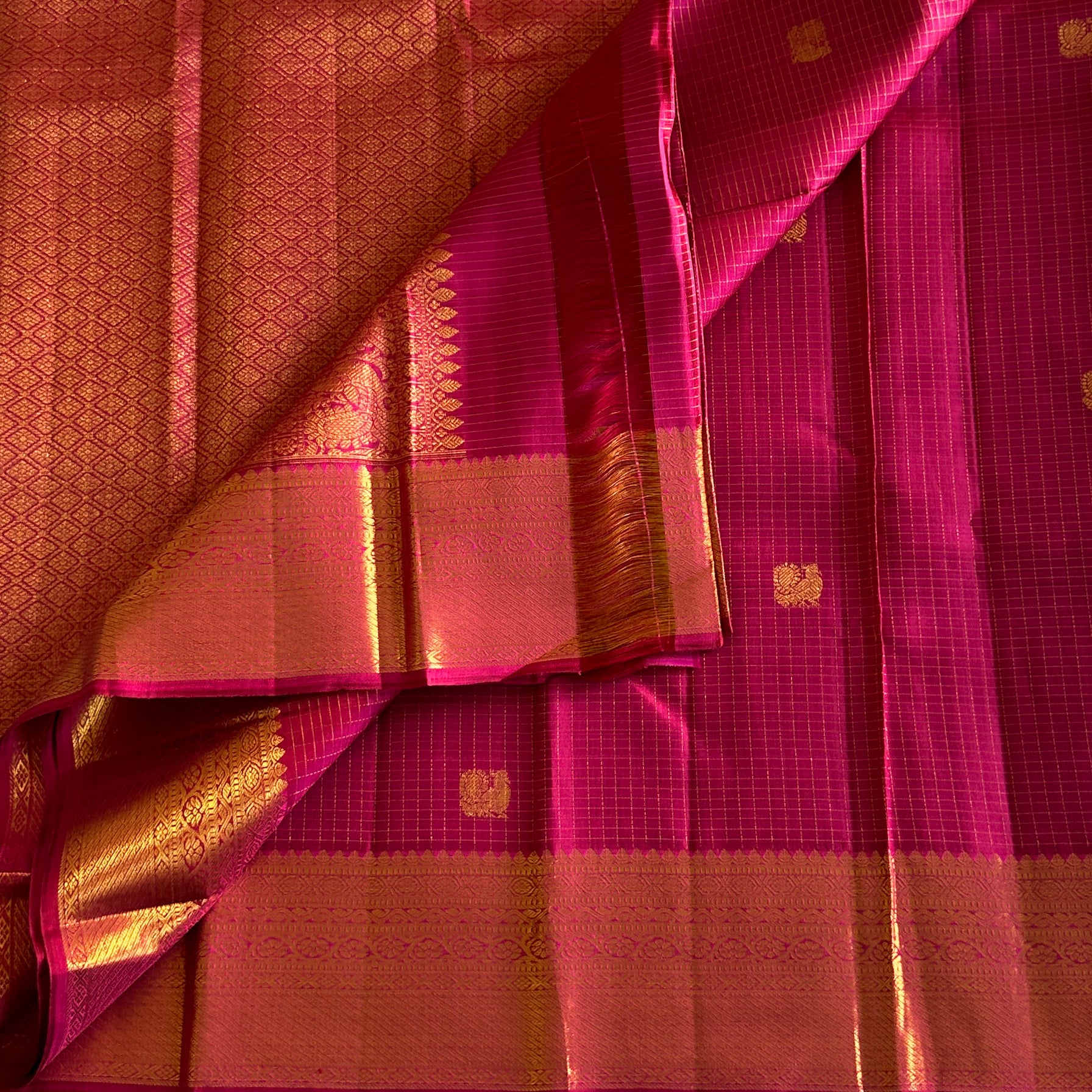 Pomogrante Pink Checkered Kanjeevaram Pure Zari Kanjeevaram Silk