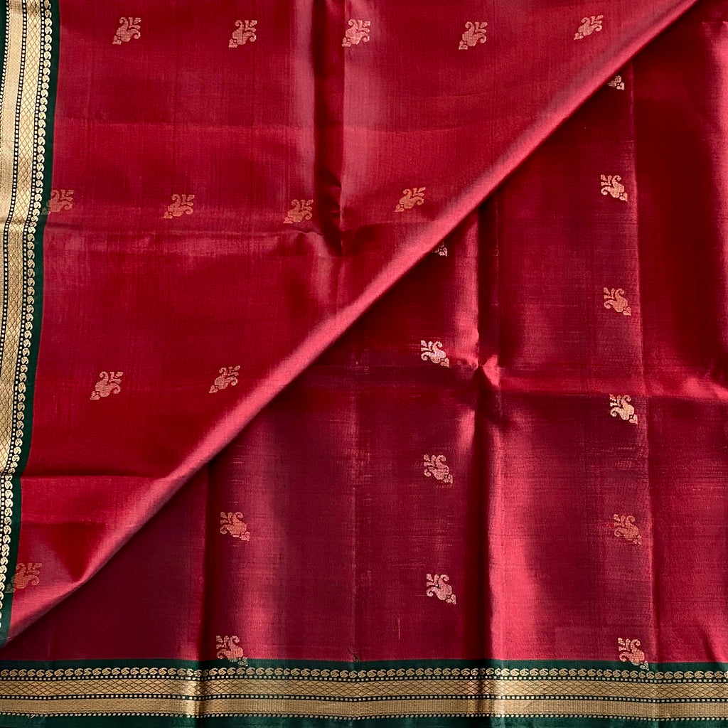 Deep Maroon Designer Pure Silk Saree Bottle Green Pallu Gold Zari