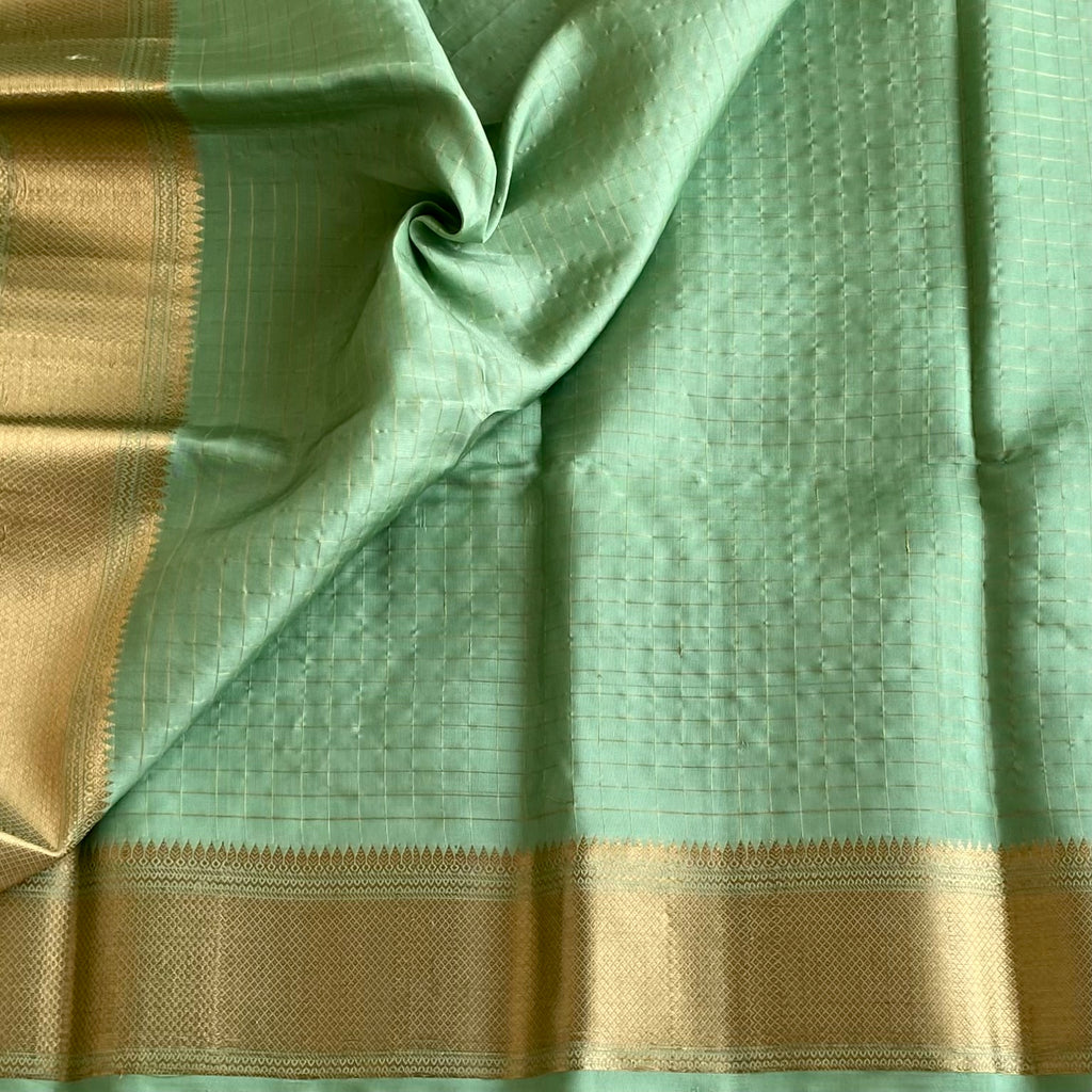 Mint Green Designer Pure Silk Micro Checkered With Gold Border