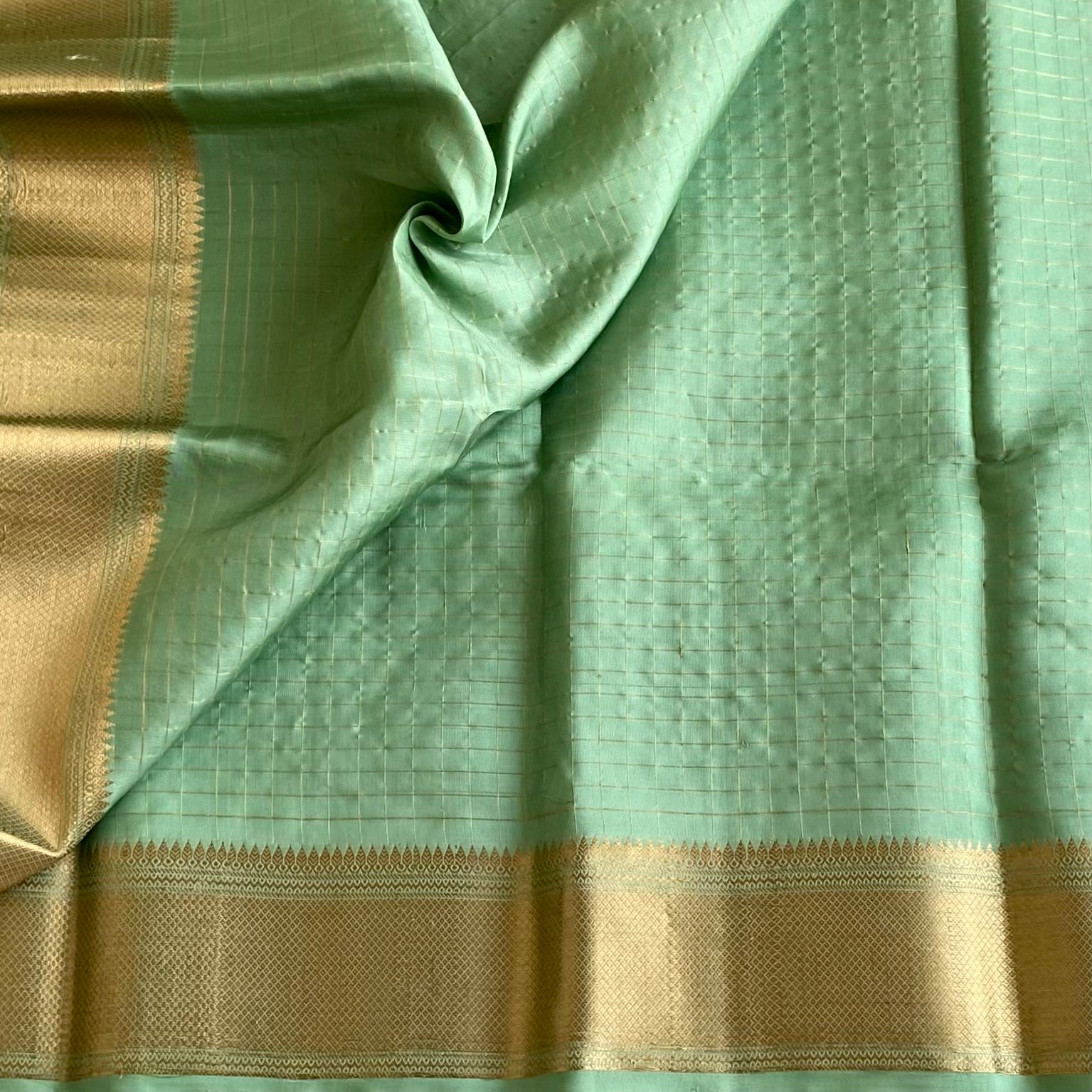Mint Green Designer Pure Silk Micro Checkered With Gold Border
