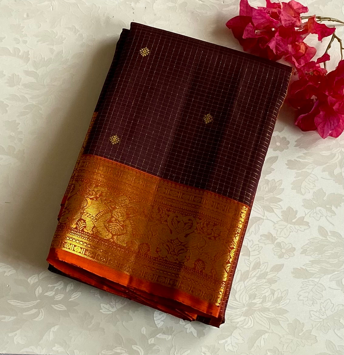 Deep Violet Silk Saree Gold Brocade Pallu Saffron Orange Border