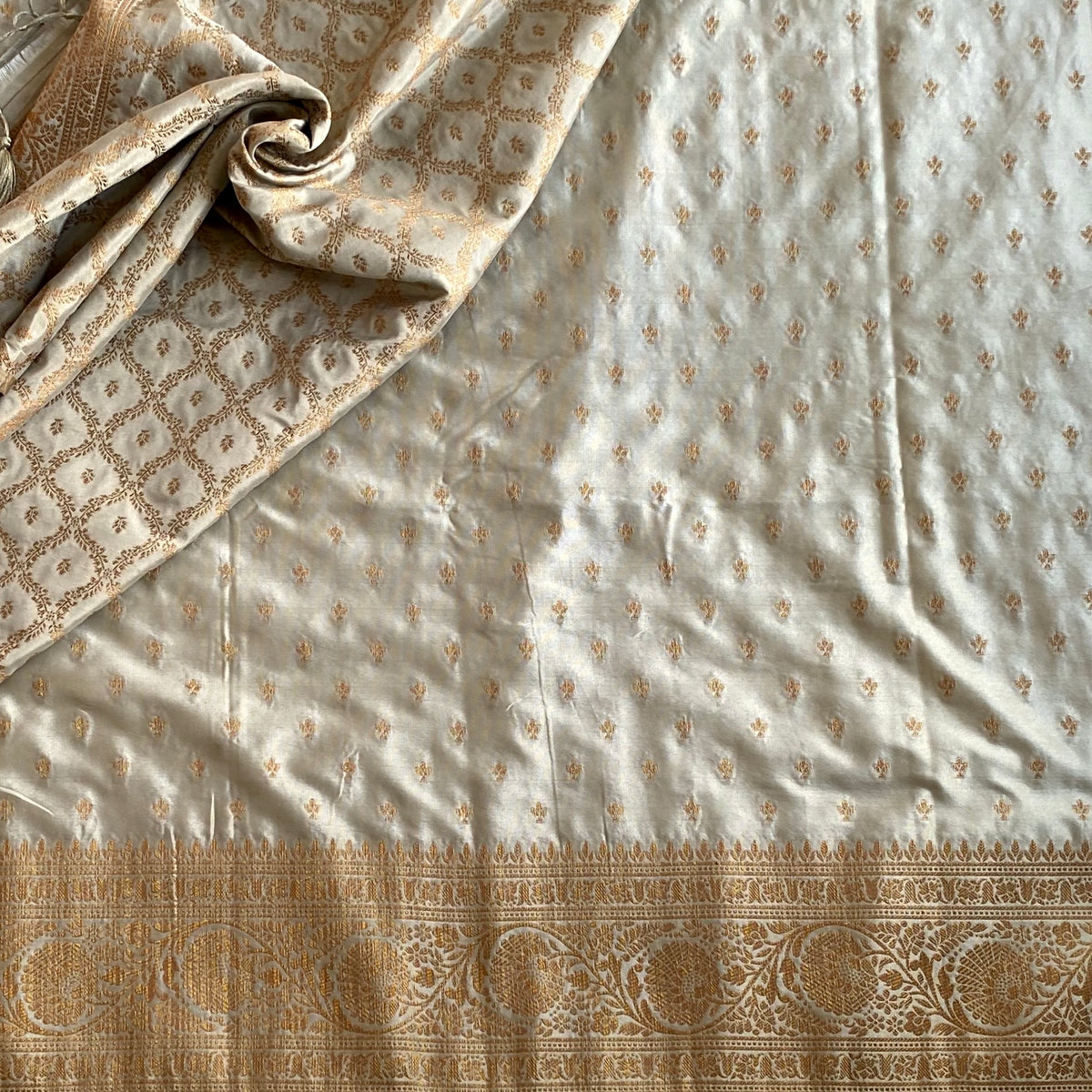 Lightest Sage Greyish Green Soft Satin Crepe Silk Saree With Antique Gold Pallu