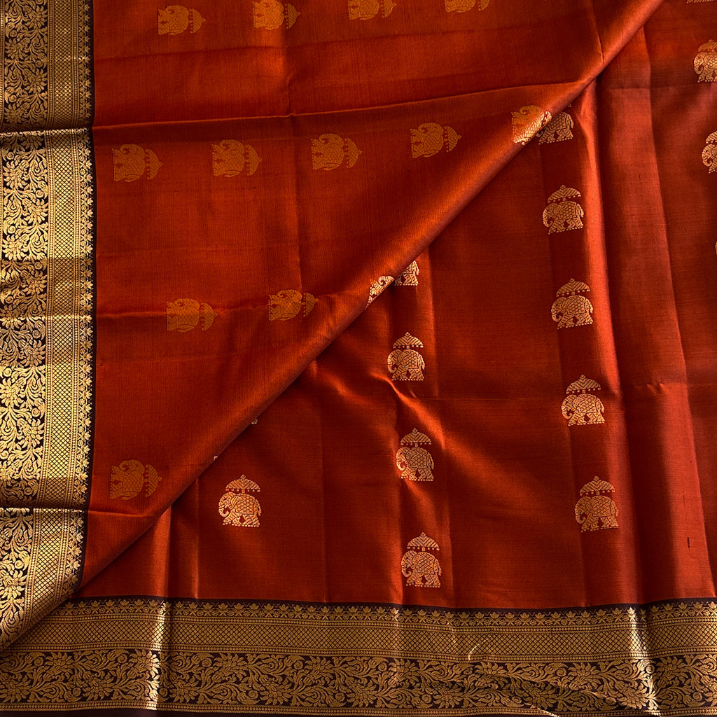 Burnt Orange Aubergine Silk Saree Antique Gold Zari Paisley Elephants