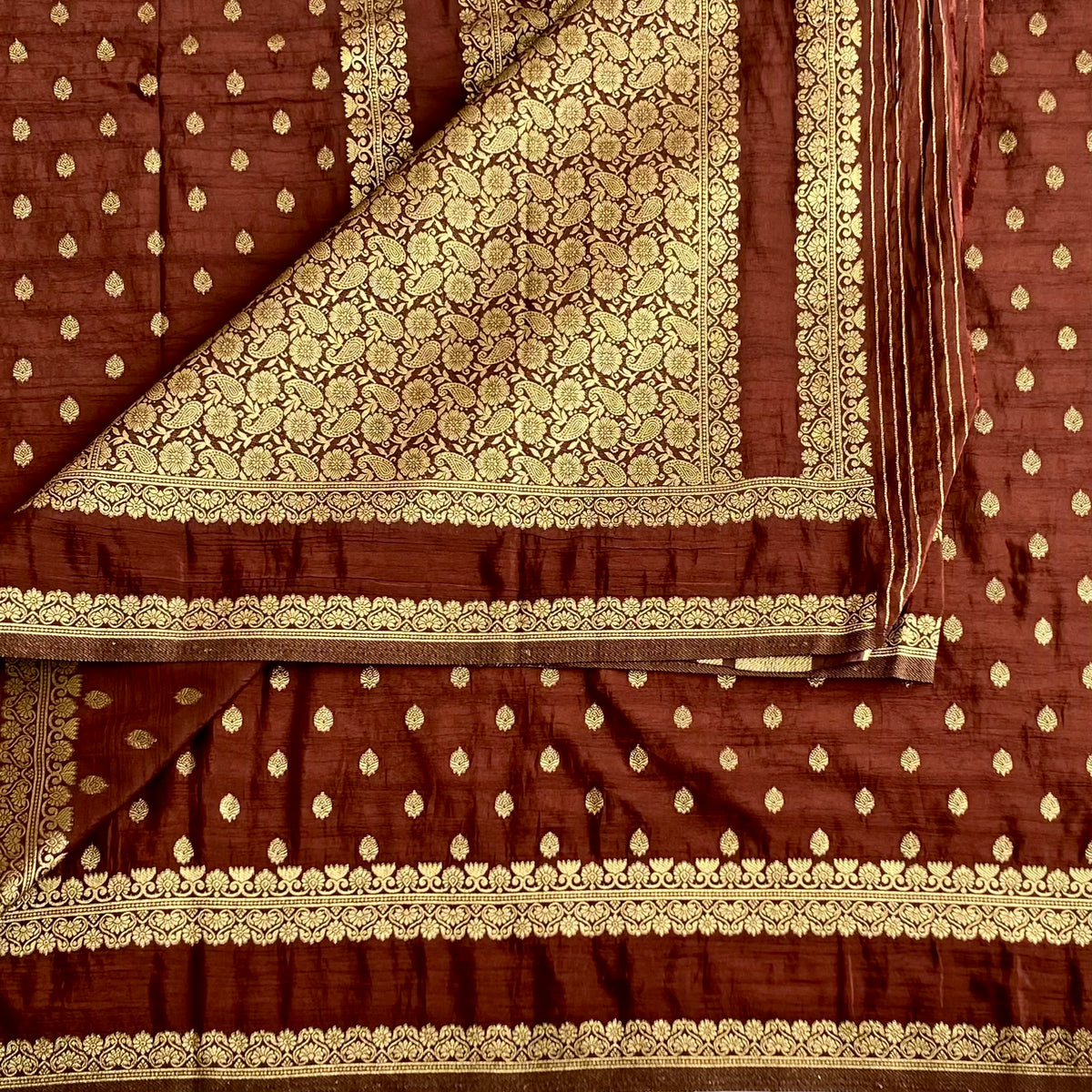 Deep Chocolate Maroon Soft Tussar Silk Saree With Rich Gold Brocade Pallu
