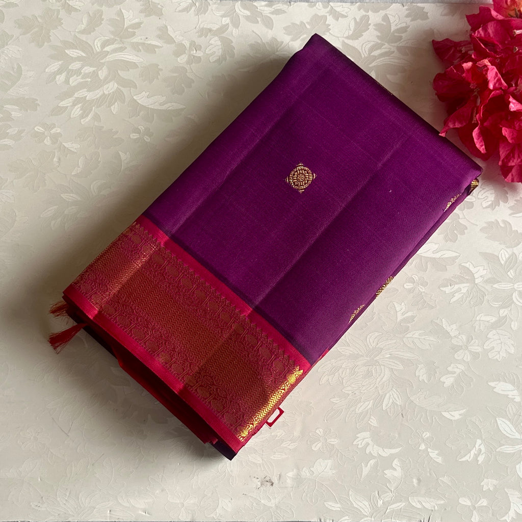 Royal Wine Purple Kanjeevaram Pure Zari Silk Saree With Rani Pink Pallu