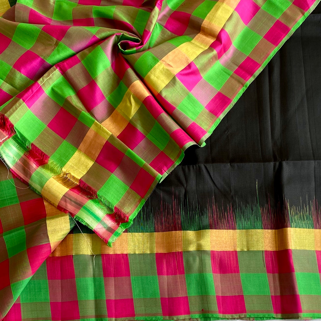 Jet Black Designer Pure Silk Saree With Rare Multicoloured borders