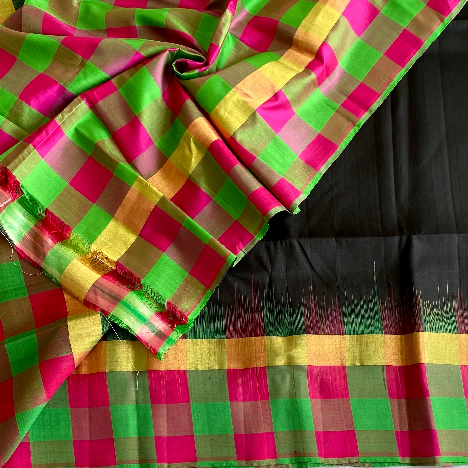 Jet Black Designer Pure Silk Saree With Rare Multicoloured borders