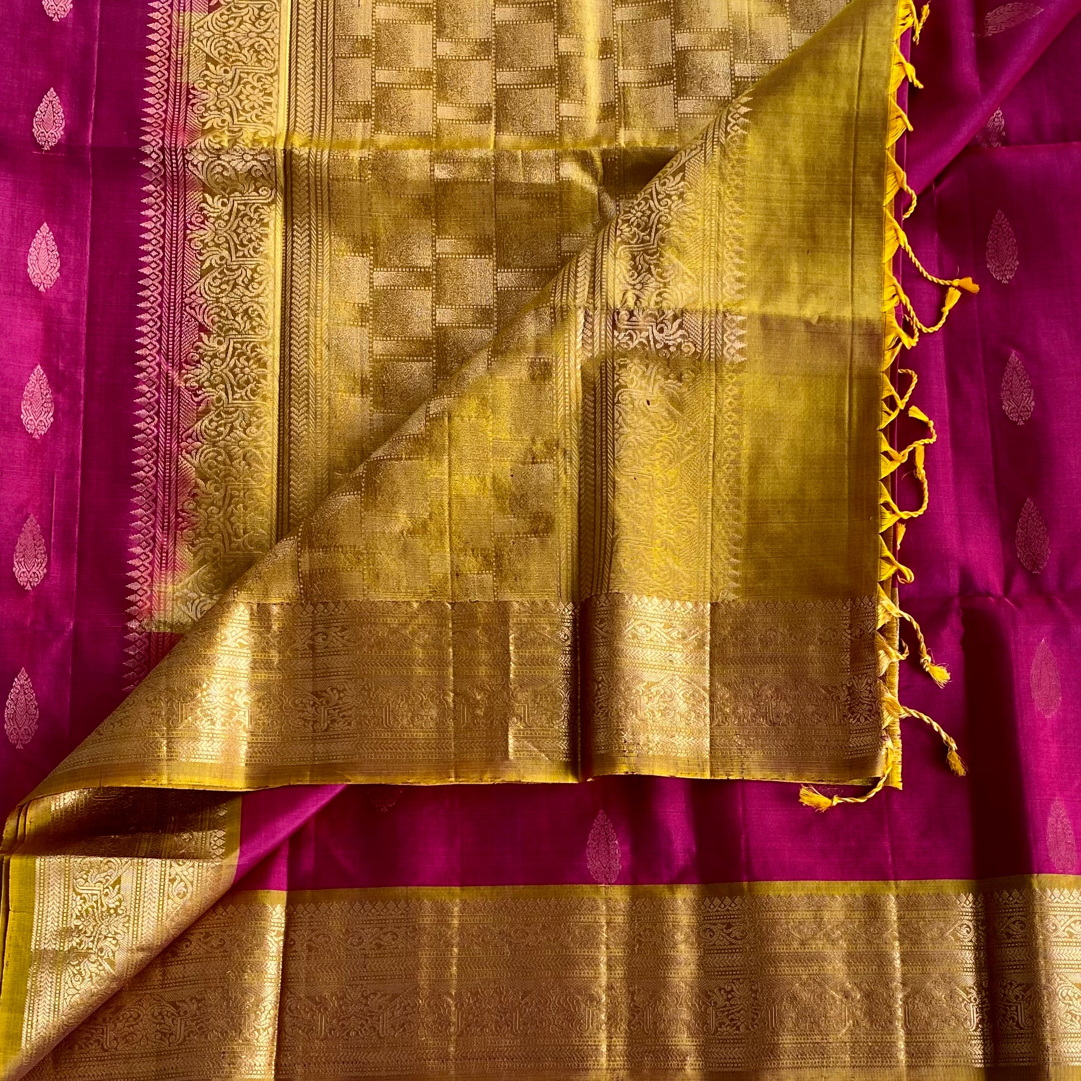Antique Gold Designer Pure Silk Saree With Rani Pink Pallu