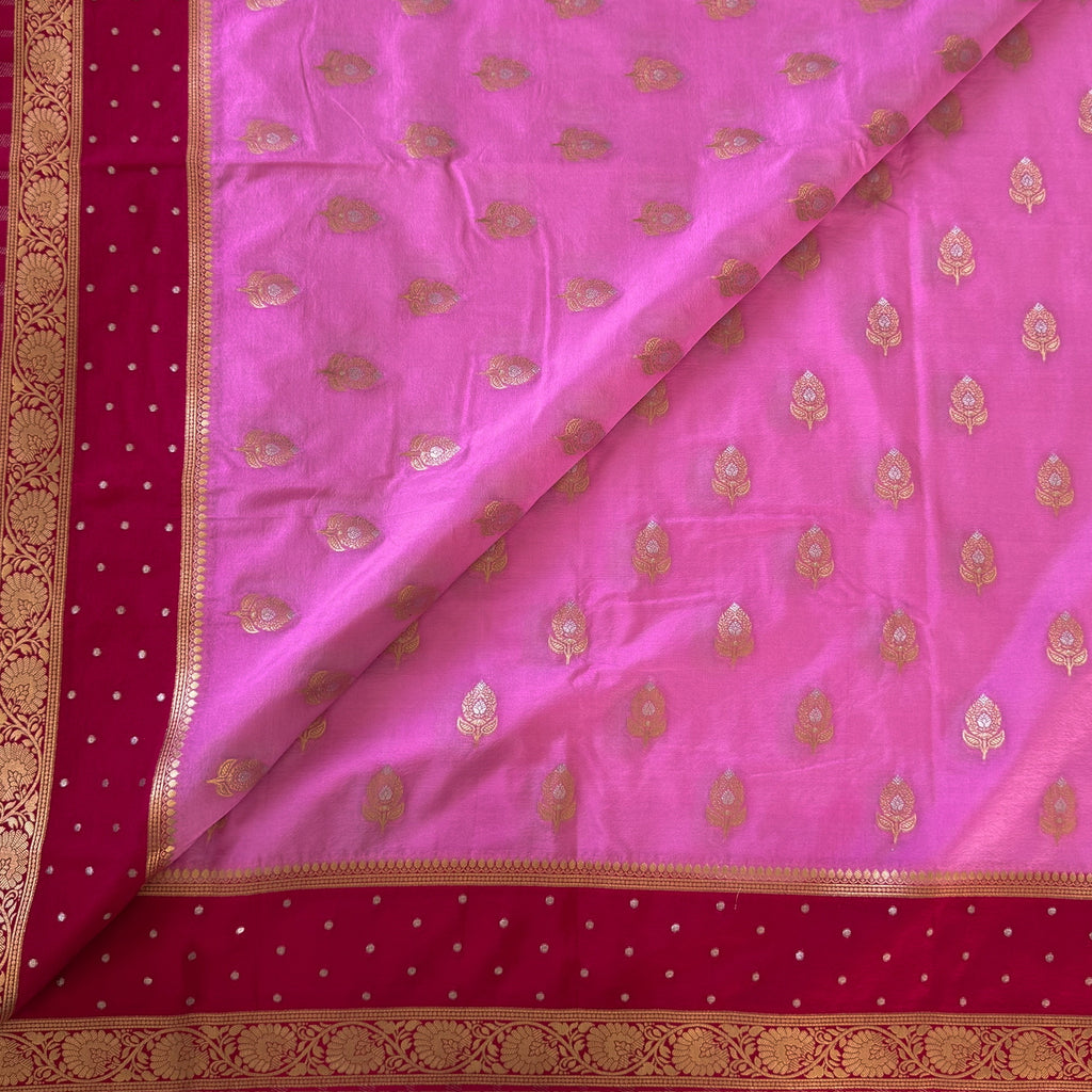 Pink Saree With Magenta Pallu Gold Zari Floral Border For Festive Wear
