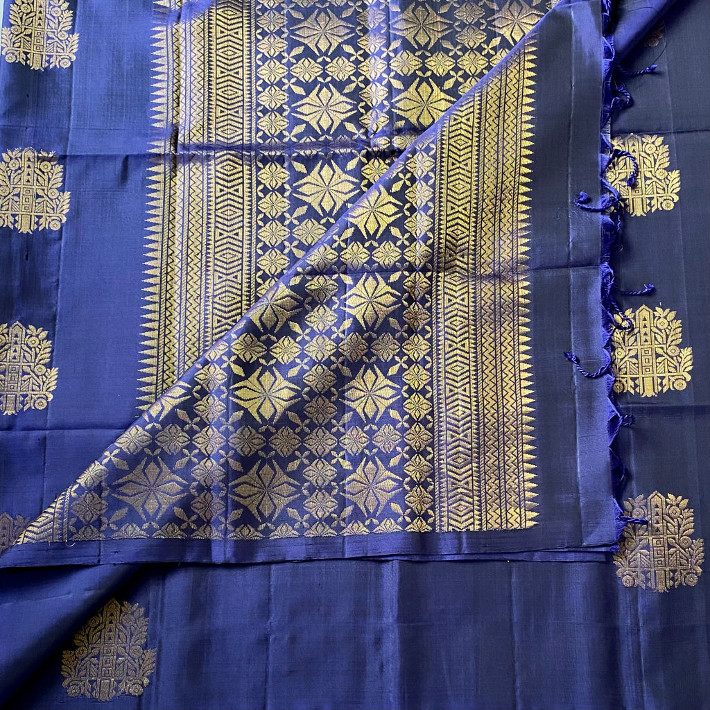 Indigo Silk Saree Gold Brocade Geometric Motif Wedding Festive Wear