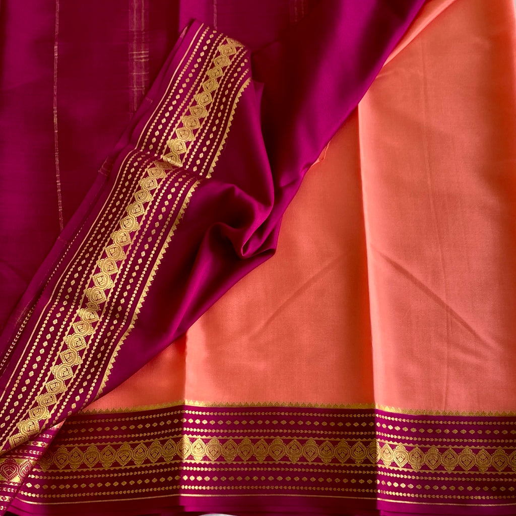 Coral Pink And Magenta Mysore Crepe Silk Saree With Zari Border