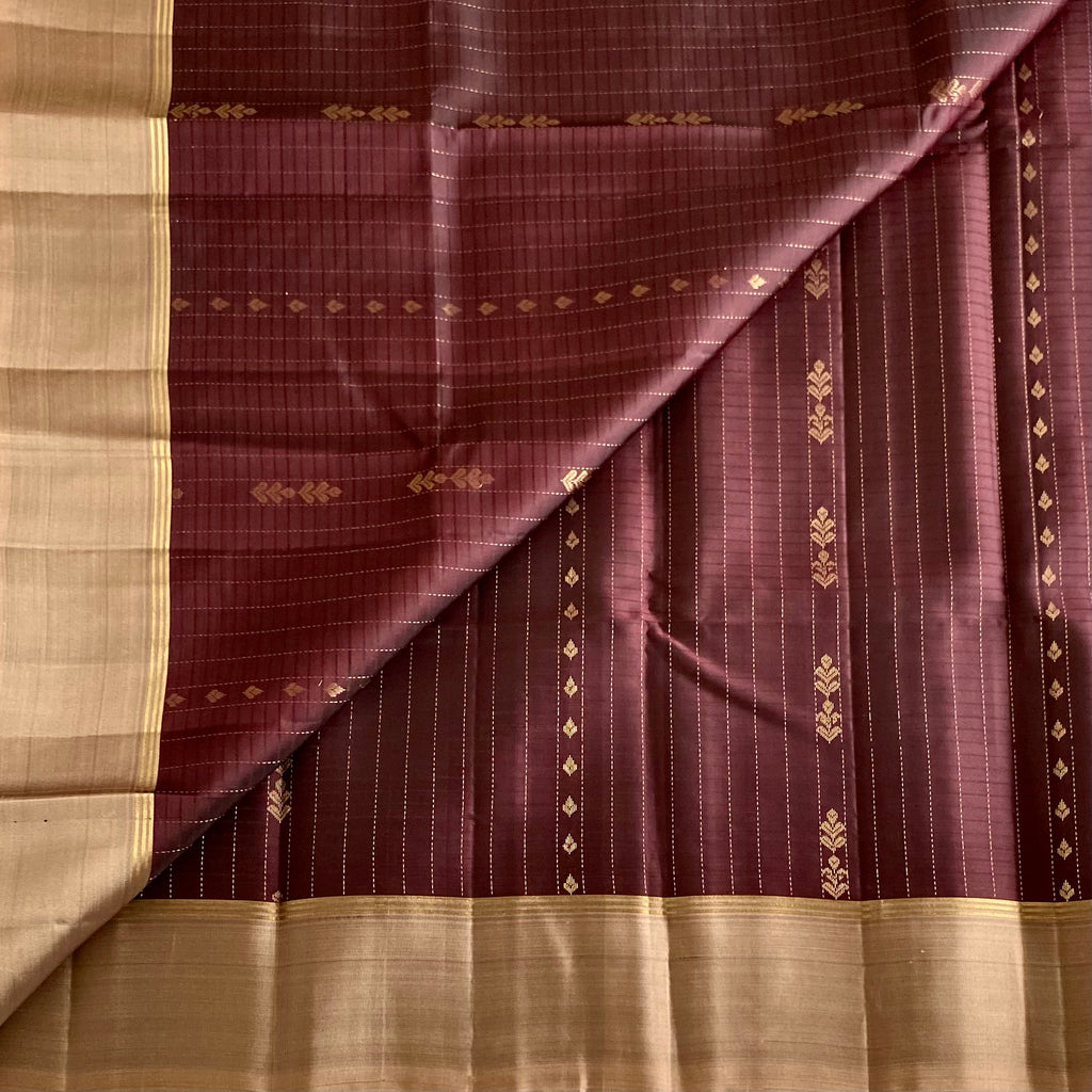 Deep Maroon Plum Designer Pure Silk Saree With Antique Gold Pallu